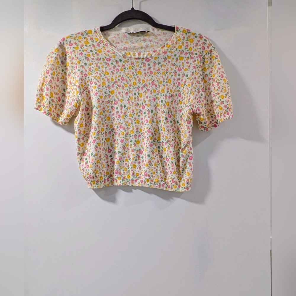 Zara Yellow, Pink & White Floral Short Balloon Sleeve Knit Top